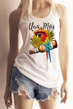 A blonde model wearing cutoffs and a white racerback tank top and on the front of the tank top a parrot on it wearing sunglasses and a sombrero  sitting on a beer bottle and palm fronds and a sun behind it and at the top it says Una Mas