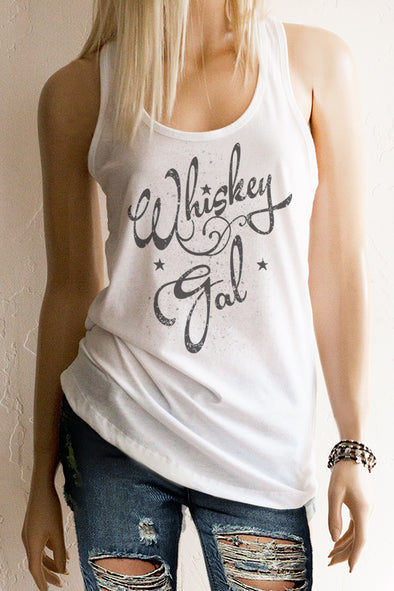 Whiskey Girl Pictured is a Girl in a White Racerback Tank Top with a distressed Graphic "Whiskey Gal" with some stars. The type created in a Vintage Style and is very Cute and perfect for the Weekends. - Southern Girl