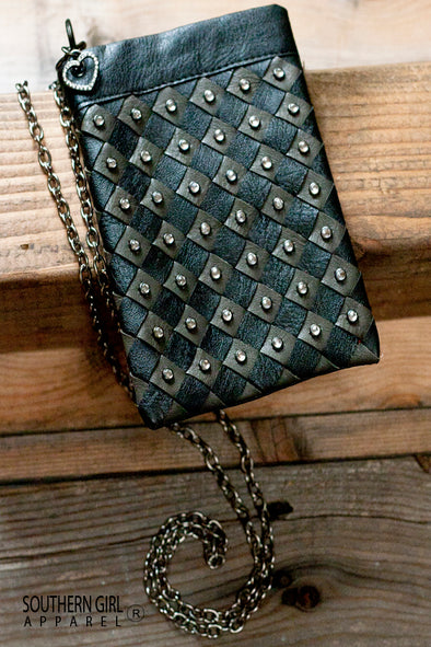 Black Leatherette Mini Crossbody Bag with Rhinestone Embellishments with Chain Strap - Southern Girl 
