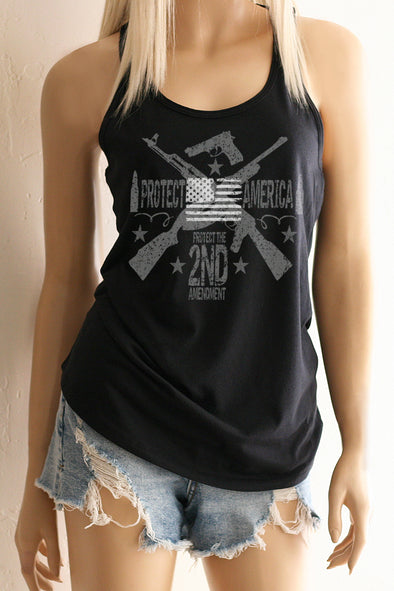 A blonde girl model wearing shorts and a black Racerback Tank Top with Protect America, Protect the 2nd Amendment with a white American Flag on the front of it