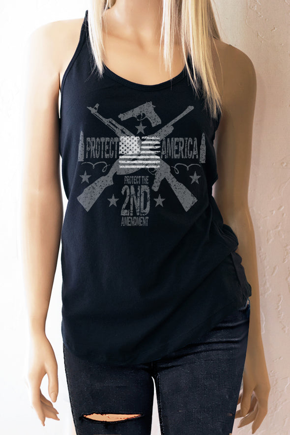 A blonde girl model wearing black jeans and a black Racerback Tank Top with Protect America, Protect the 2nd Amendment with a white American Flag on the front of it