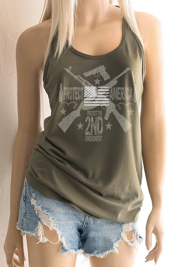 A blonde girl model wearing shorts and a military green Racerback Tank Top with Protect America, Protect the 2nd Amendment with a white American Flag on the front of it