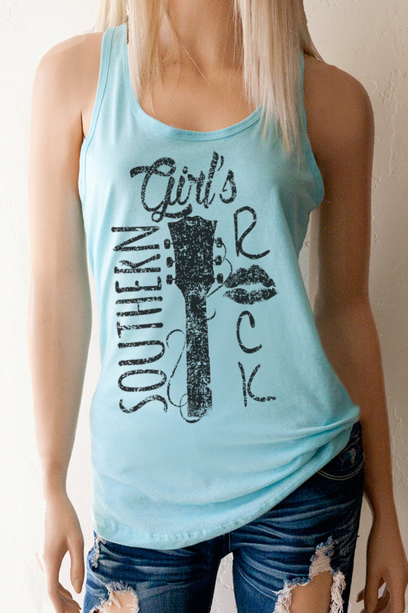 A blonde model wearing shorts and a light blue racerback tank top with a black design with the words Southern Girl's Rock with  a guitar neck and strings in the middle. 