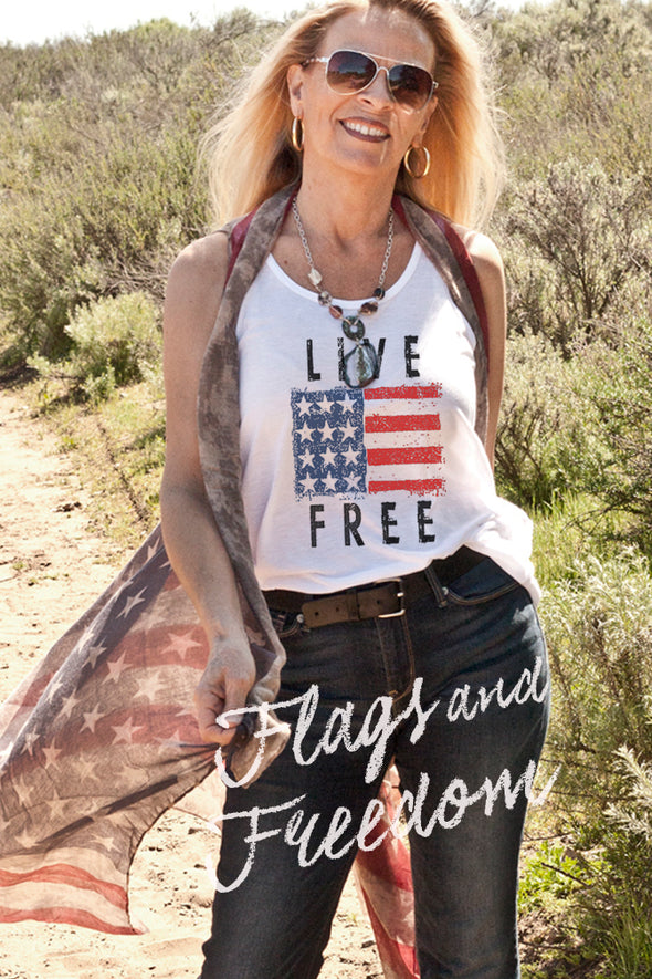 Music Festival Red, White and Blue Live Free Tank Top with Vintage Sheer Flag Vest