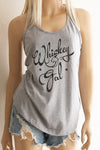 Whiskey Girl Pictured is a Girl in a Grey Racerback Tank Top with a distressed Graphic "Whiskey Gal" with some stars. The type created in a Vintage Style and is very Cute and perfect for the Weekends. - Southern Girl