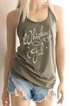 Whiskey Girl Pictured is a Girl in a Military Green Racerback Tank Top with a distressed Graphic "Whiskey Gal" with some stars. The type created in a Vintage Style and is very Cute and perfect for the Weekends. - Southern Girl