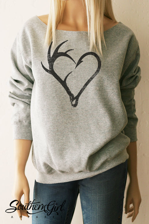 Fishing Hook Antler Heart Sweatshirt in Heather Grey Sweatshirt with Wide Neck also available with Crew Neck - Southern Girl Apparel® - southerngirlapparel.com