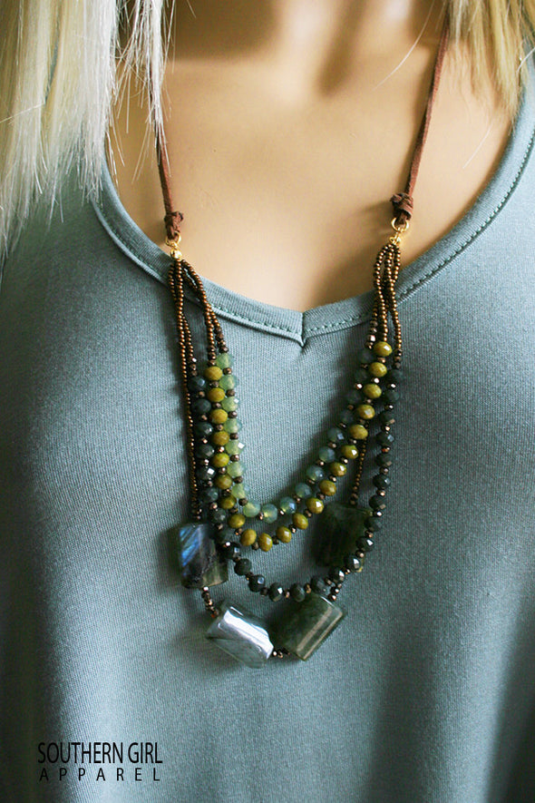 Multi Length Olive Tone Beaded Fashion Necklace - Southern Girl 