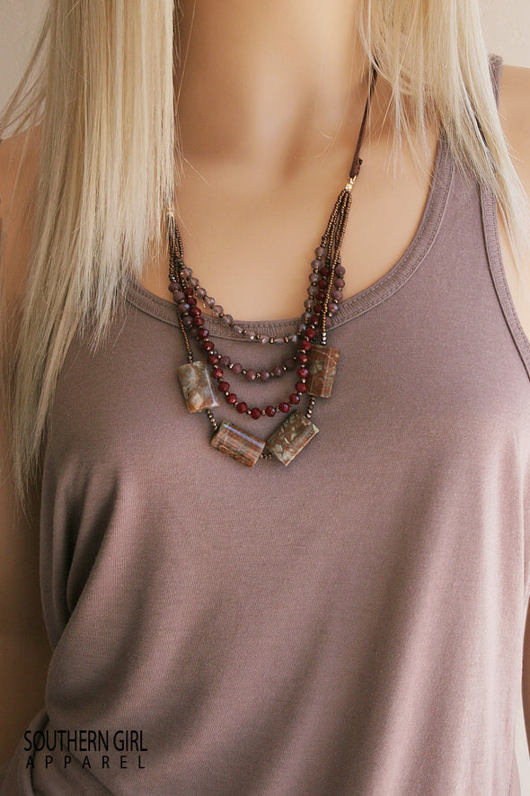 Multi Length Brown and Maroon Tone Beaded Fashion Necklace - Southern Girl 