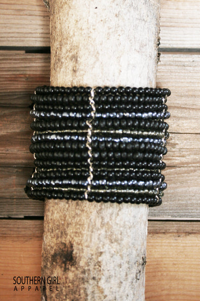 Black and Blue Grey Wide Beaded Wire Multi Layer Cuff Bracelet - Southern Girl 