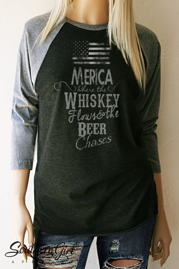 Merica Where the Whiskey Flows and the Beer Chases Baseball Tee - Southern Girl 