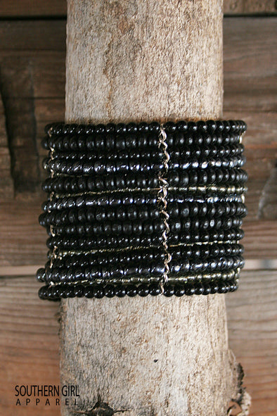 Black Wide Beaded Wire Multi Layer Cuff Bracelet - Southern Girl 