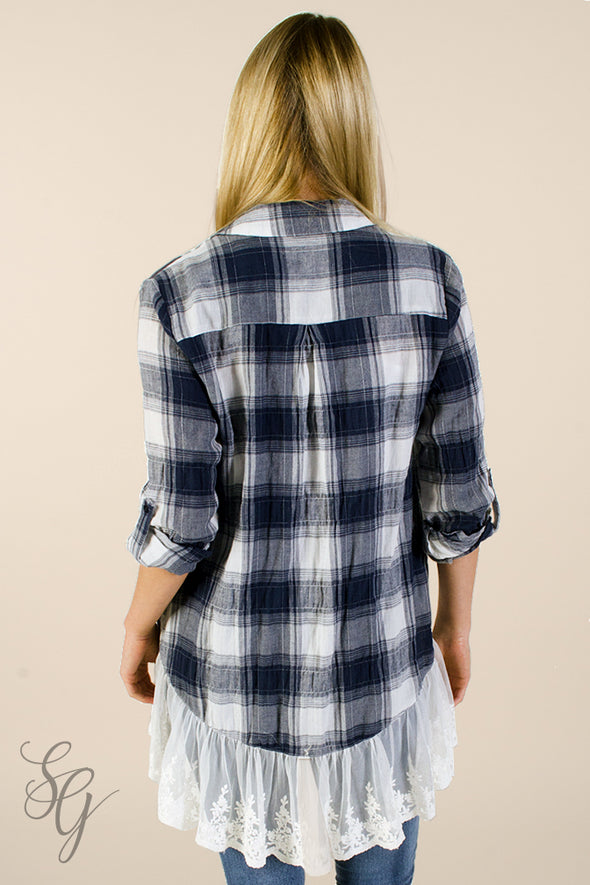 Women's Plaid and Lace Button Up Blouse - Southern Girl 