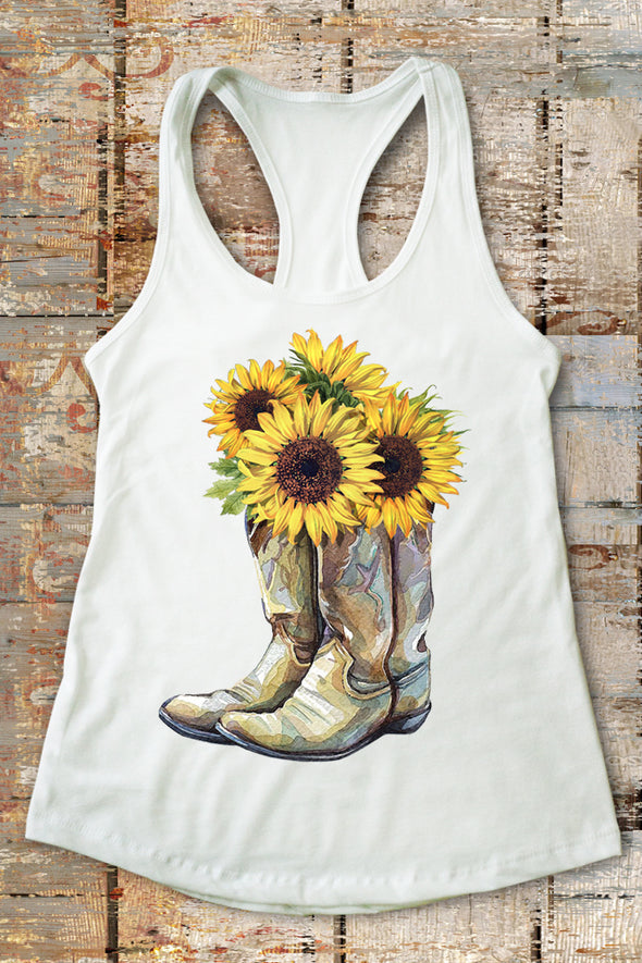 Sunflowers & Cowboy Boots white Racerback Tank Top - Southern Girl Apparel®- southerngirlapparel.com