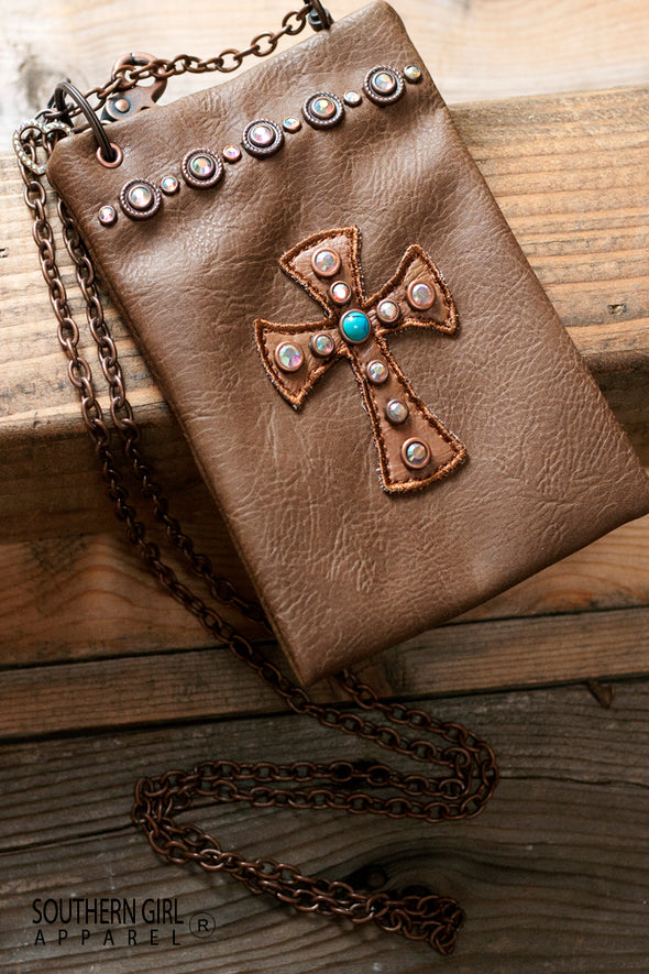 Leatherette Mini Crossbody Bag with Rhinestones and Cross with Chain Strap - Southern Girl 