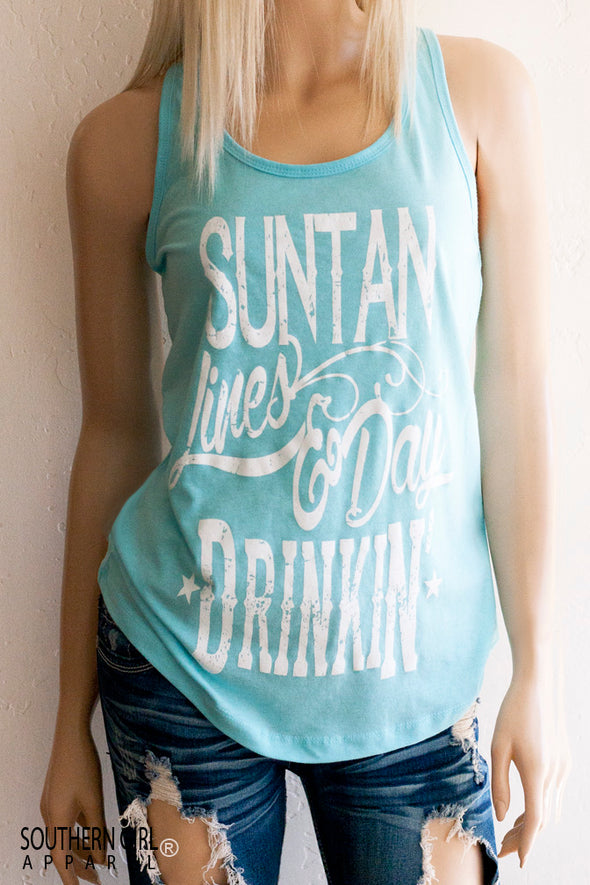 Suntan Lines and Day Drinkin’ Women’s Light Blue Racerback Tank Top – Southern Girl Apparel – southerngirlapparel.com
