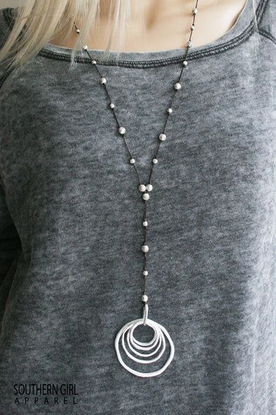Long Necklace with Metal Alloy Rings and Beads - Southern Girl 
