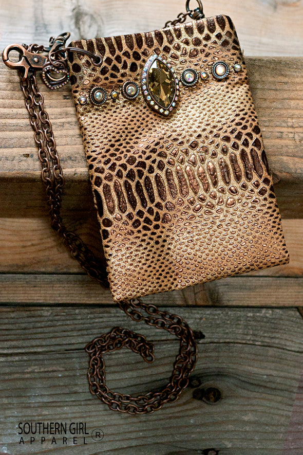 Metallic Copper and Brown Faux Leather Mini Crossbody Bag with Rhinestones and Chain Strap - Southern Girl 