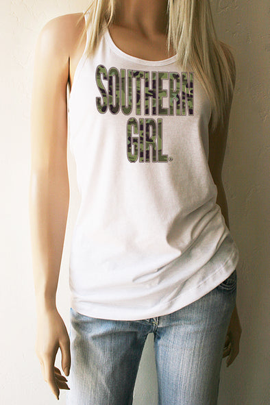 Camo Southern Girl White Racerback Tank Top - Southern Girl Apparel® - southerngirlapparel.com
