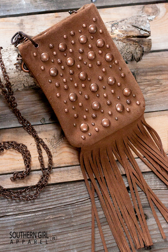 Nailhead Embellished Mini Crossbody Bag with Fringe and Chain Strap - Southern Girl 