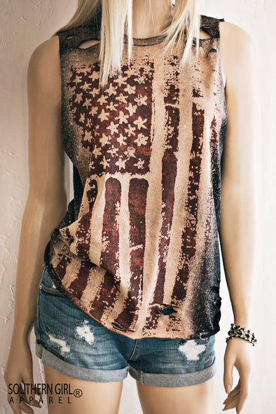 Acid Washed Distressed American Flag Muscle Tank Top - Southern Girl 