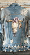 Fringed, Distressed & Shredded Bull Head Skull & Roses Denim Jacket - Southern Girl 