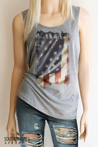 American Flag with Horses Scoop Neck, Full Back Tank Top - Southern Girl 