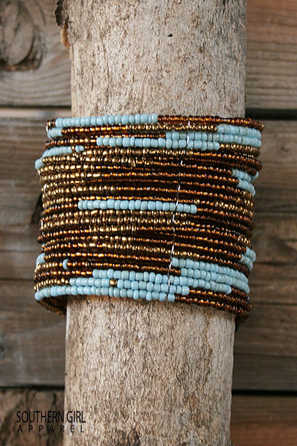 Turquoise and Brass colored Wide Beaded Flex Cuff Bracelet - Southern Girl 