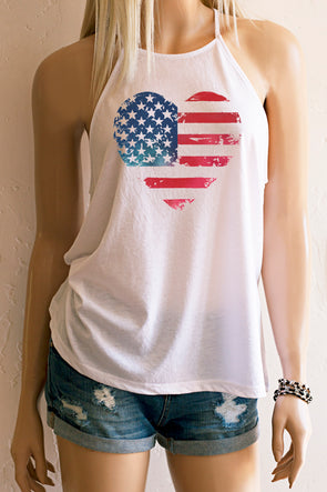 Heart American Flag High Neck Spaghetti Strap Loose Fitting Tank Top Tank Top - SouthernGirlApparel.com