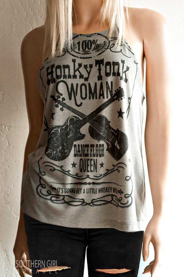 Honky Tonk Woman Dance Floor Queen High Neck, Spaghetti Strap, Loose Fitting Tank Top - Southern Girl 