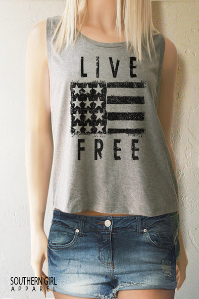 Live Free American Flag Cropped Muscle Tank Top - Southern Girl Apparel® - southerngirlapparel.com