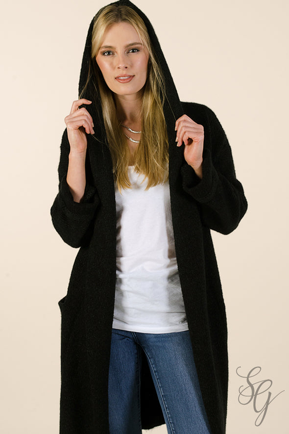 Soft Black long Cardigan Sweater with  Hood - Southern Girl 