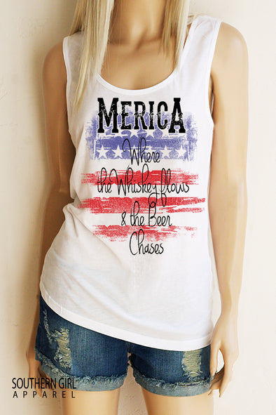 Merica Where the Whiskey Flows with Flag Scoop Neck, Full Back Tank Top Tank Top - SouthernGirlApparel.com