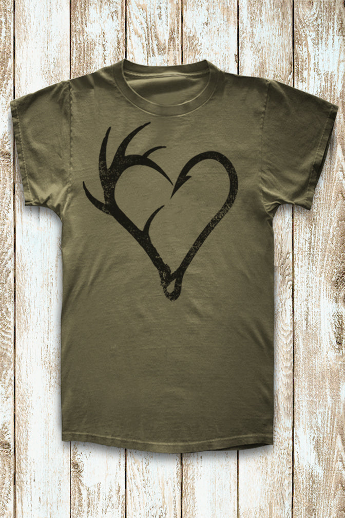 deer antler fish hook heart Antler Fish Hook Military Green T-Shirt - Southern Girl Apparel Medium