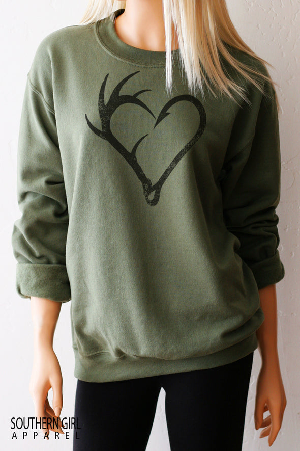 Fishing Hook Antler Heart Sweatshirt in Military Green Sweatshirt with Crew Neck also available with Raw Edge Wide Neck - Southern Girl Apparel® - southerngirlapparel.com