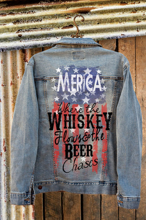 Merica Where the Whiskey Flows and the Beer Chases Denim Jacket back - Unisex Sizing - Southern Girl Apparel® - southerngirlapparel.com