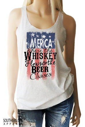 Merica Where the Whiskey Flows and the Beer Chases Racerback Tank Top Tanks - SouthernGirlApparel.com