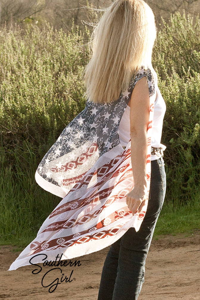 American Flag Scarf American Flag Kimono Vest – Distressed Patriotic Cowgirl Boho Scarf Wrap, Unisex American Flag Vest - Foto 6