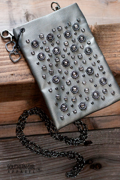 Silver Leatherette Mini Crossbody Bag with Rhinestone Embellishments and Chain Strap - Southern Girl 