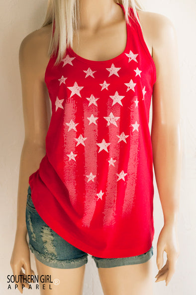 White Flag, Stars and Stripes on Red Racerback Tank Top - Southern Girl 