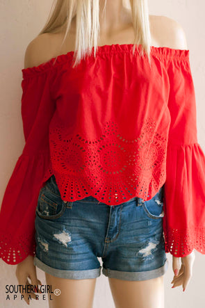 Red Bell Sleeved Off the Shoulder Eyelet Lace Top - Southern Girl 