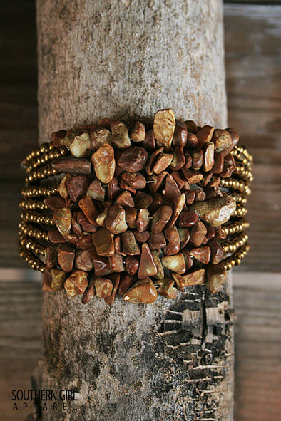 Gold Bead and Brown tone Nugget Wide Beaded Wire Flex Cuff Bracelet - Southern Girl 