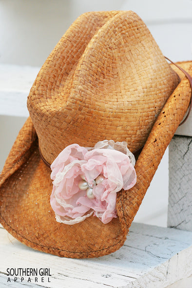 Straw Cowgirl Hat with handmade Rose & Vintage Jewelry pieces - Southern Girl 