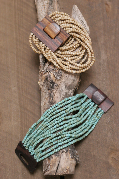 Turquoise or Beige Beaded Bracelet with Stretch and Wooden Buckle Clasp