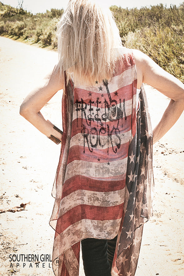 "FREEDOM ROCKS" American Flag Kimono Vest - Southern Girl 