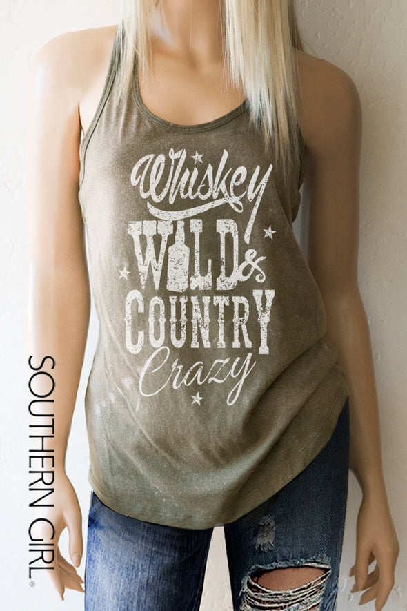 Whiskey Wild & Country Crazy Acid Washed Military Green toned Racerback Tank Top Tank Top - SouthernGirlApparel.com
