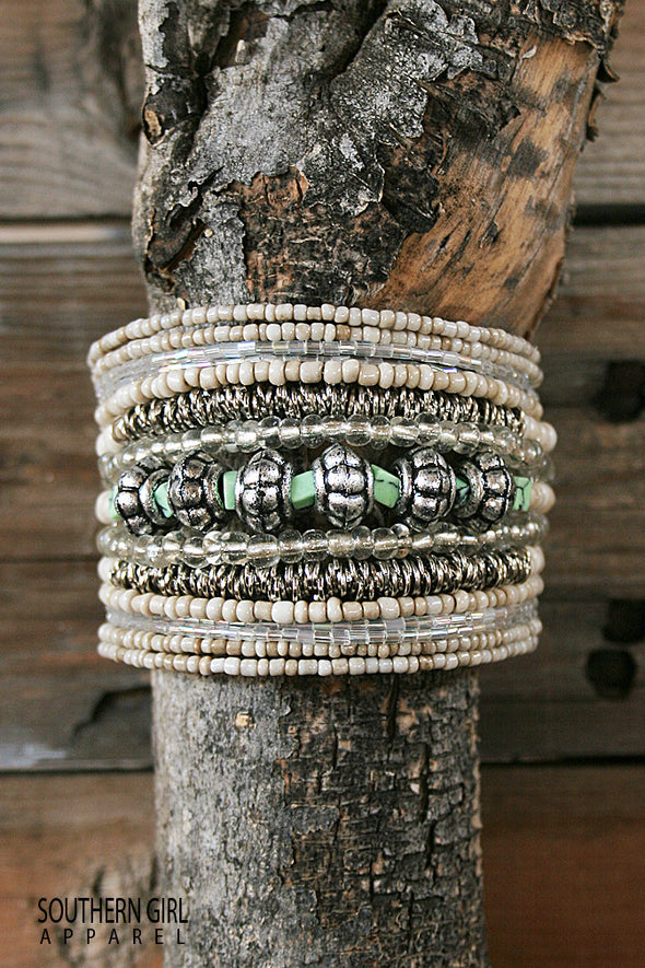 Beige and Silver Metal Bead Wide Wire Flex Cuff Bracelet - Southern Girl 