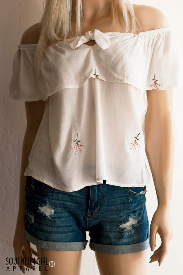 Cream White Off Shoulder Embroidered Floral Top - Southern Girl 