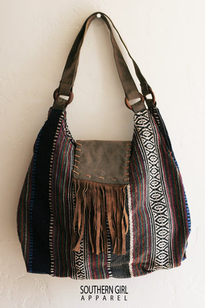 Woven Boho Hobo Fabric Bag with a Faux Leather Fringed flap - Southern Girl 