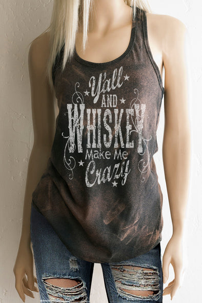 Y'All and Whiskey Make Me Crazy Acid Wash Racerback Tank Top - Southern Girl Apparel® - southerngirlapparel.com